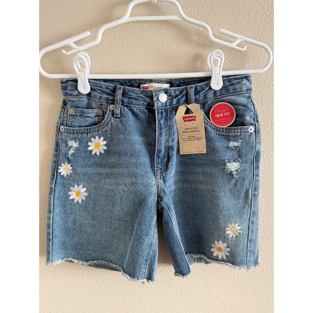 Kids NWT Levi's Low‎ Pitch Midi Denim Shorts Daisy Embroidered Ripped Raw Hem